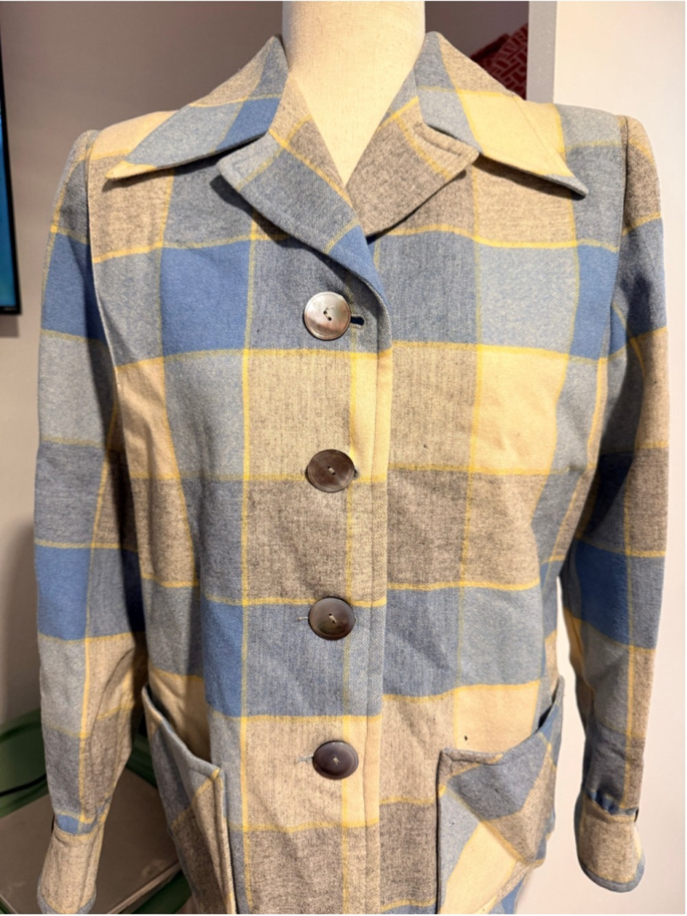 Vintage 1950s Pendleton Womens '49er Wool Jacket Plaid Gray Yellow Blue Padded S - Picture 11 of 12